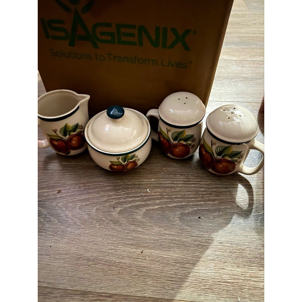 Vintage China Pearl Apples Casuals 4 Pc Set Sugar Bowl Creamer Salt Pepper